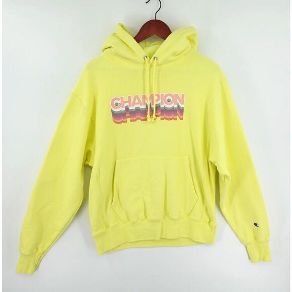 Champion Reverse Weave Hoodie Mens Medium Yellow Graphic Logo Cadmium Sporty - Picture 2 of 16